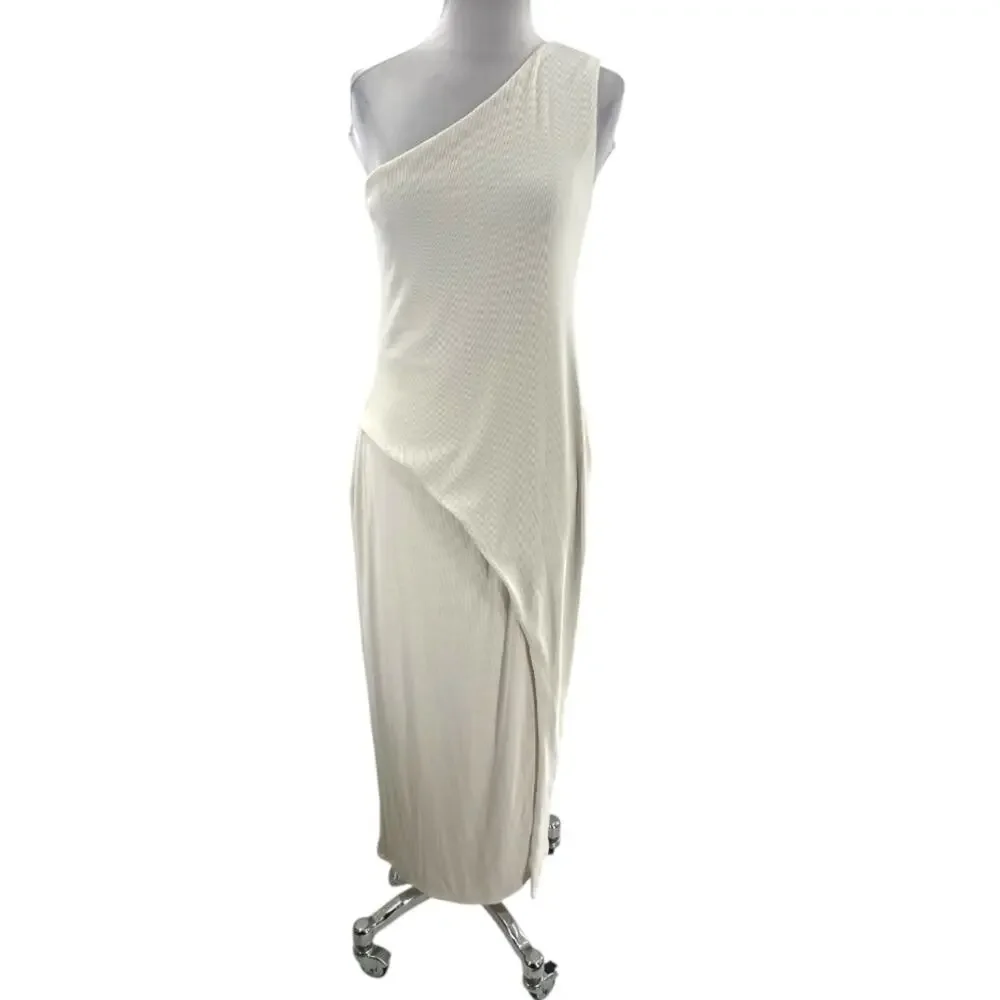 NWT Abercrombie & Fitch form to flatter one shoulder ribbed maxi dress white M